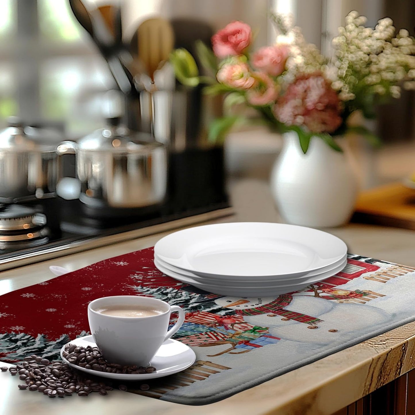 Christma Snowman Dish Drying Mat Winter Snowflake Large Kitchen Mats Dish Drying Pad Red Absorbent Dish Dryer Mat for Kitchen Countertops Microfiber Drainer Pad Dish Drying Mats (18x24 in)
