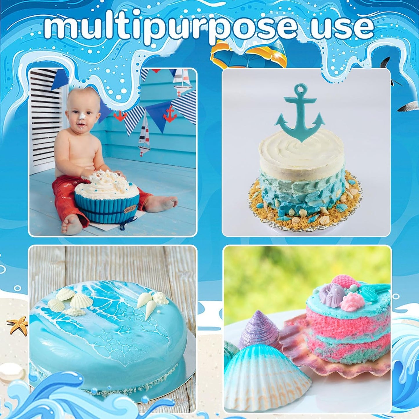 Ocean Chocolate Fondant Mold Set Food-Grade Silicone Baking Molds with Shell, Starfish, Seashell Beach Life Phrases, Reusable for Under the Sea Cakes, Cupcakes & Party Treats - 8 Pack