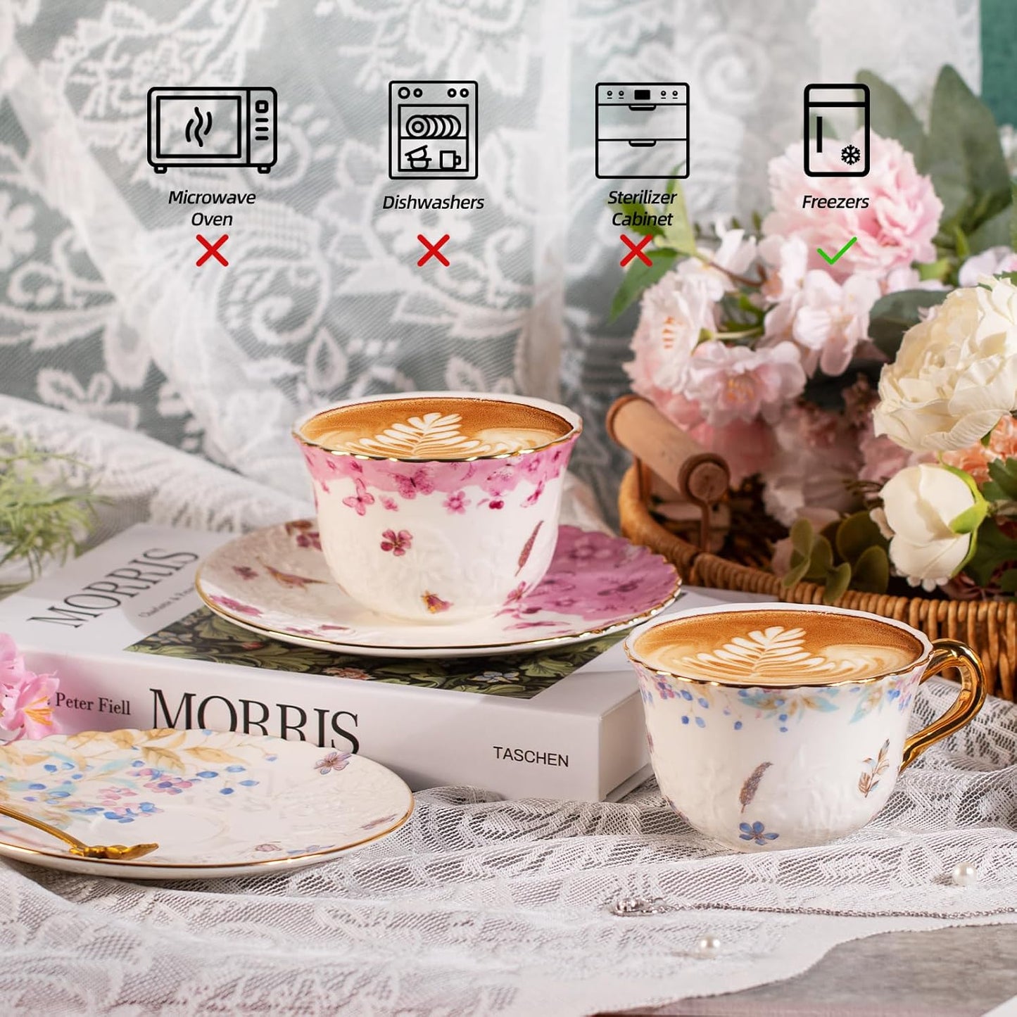 KAMMAK Tea Cups and Saucers Set of 2, Reinforced Porcelain Coffee Cups, 8.5-Ounce Stackable Espresso Mugs, Ceramic Demitasse for Coffee, Cappuccino, Latte, Americano, Tea, Colorful + Butterfly