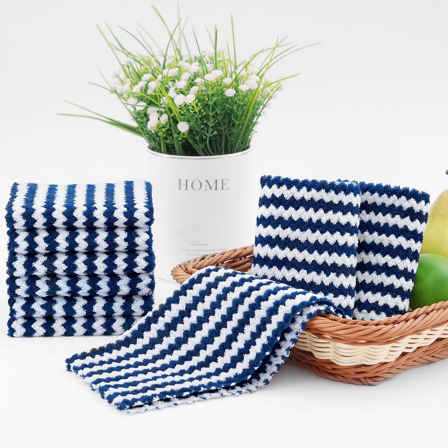 Homaxy 12 Pack Kitchen Dish Cloths, Ultra Soft and Absorbent Dish Towels, Reusable Fast Drying Microfiber Cleaning Cloth, Coral Velvet Wave Design No-lint, 10 x 10 inches, Navy Blue