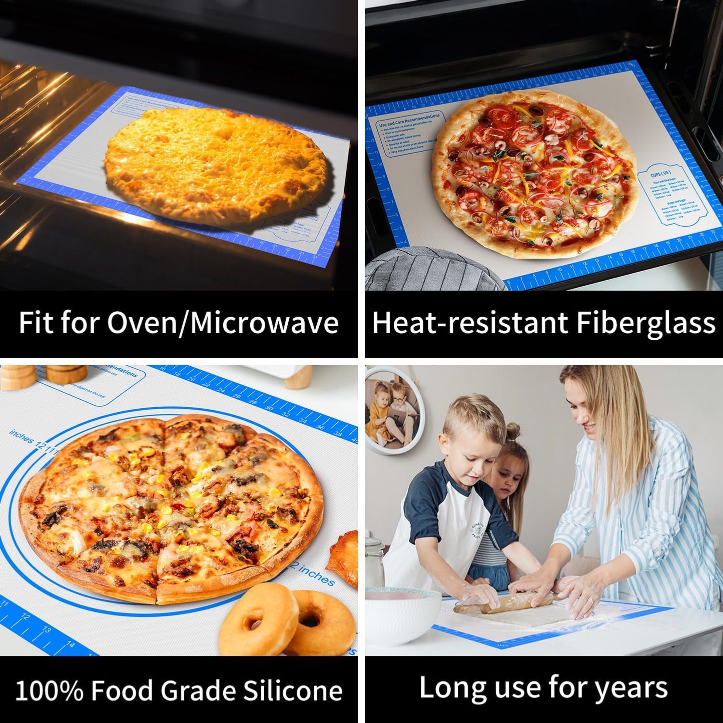Silicone Pastry Mat for Dough Rolling,Silicone Baking Mat with Measurement for Baking Pie Crust, Pizza & Cookies, Non stick & Non Slip Silicone Mat