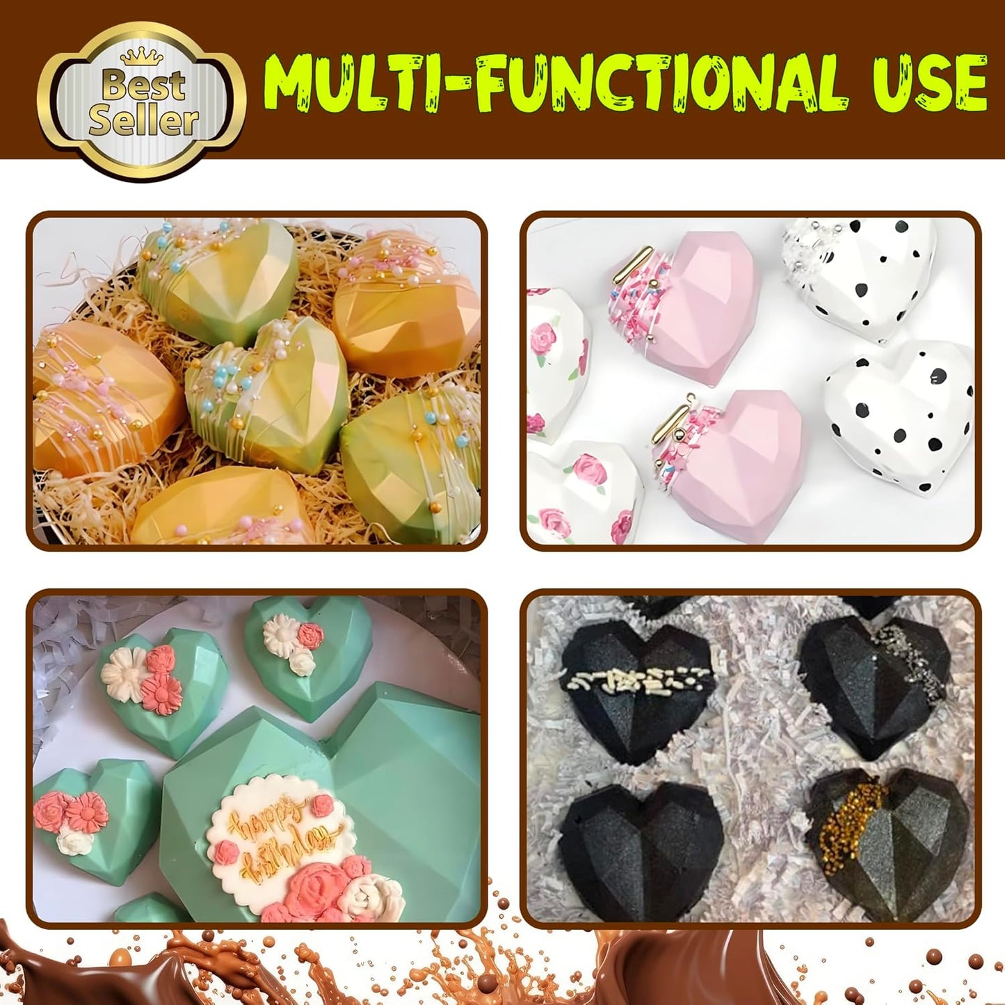 Mini Diamond Heart Shaped Chocolate Mold 15 Holes 3D Heart Candy Molds Silicone Mini Silicone Baking Pan - 4 Pack
