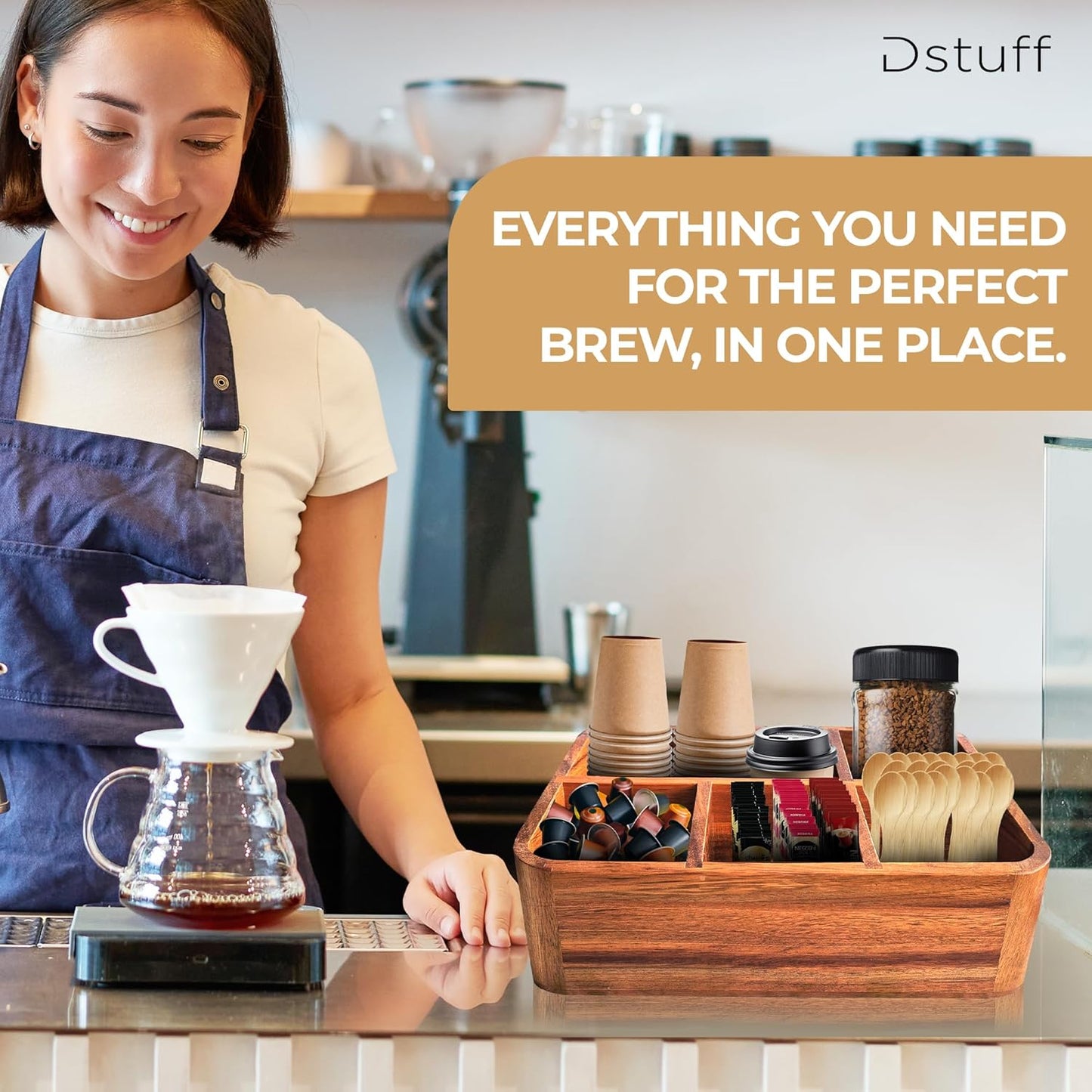 Dstuff Acacia Wood Coffee Station Organizer for Countertop, Tea Organizer and Holder, Coffee Bar Caddy with Multiple Compartments for Home and Office Decor
