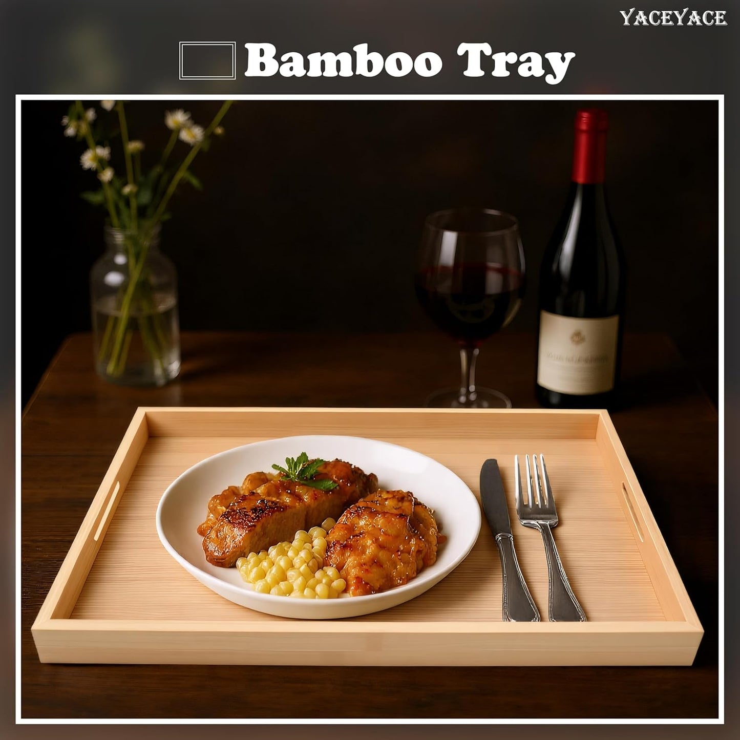 Serving Tray, 13"x8.7"x1.5" Small Bamboo Serving Trays for Party, Coffee Table, Ottoman, Breakfast, Dining, Home Decor, Bathroom, Bar