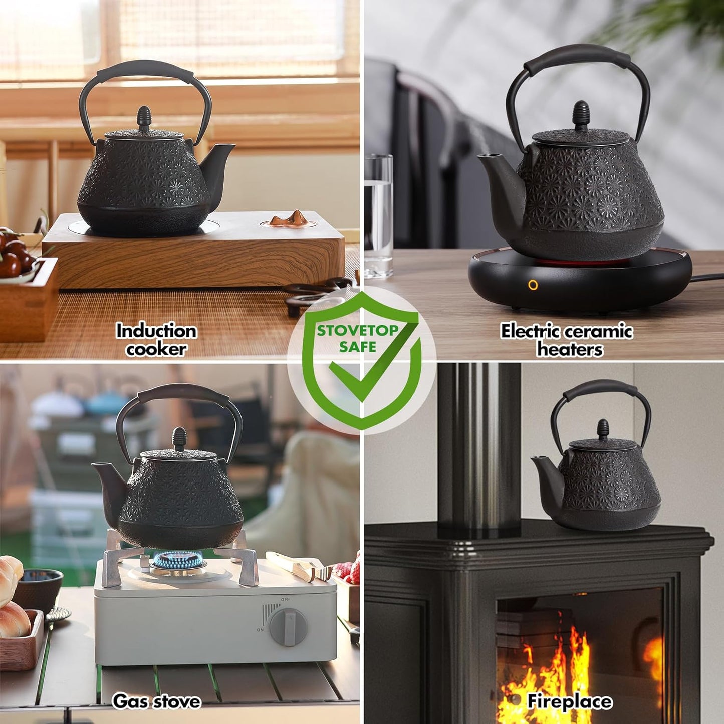 Cast Iron Teapot, 32oz Tea Kettle with Infuser for Stove Top, Sakura Blossom Pattern Japanese Tea Pot for Tea & Coffee Coated with Enameled Interior, Silicone Handle 950ml black