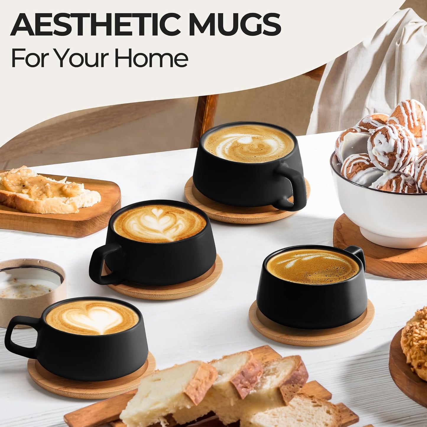 MIAMIO ā 11 Oz., Set of 4 Ceramic Tea Cup and Saucer Bamboo/Tea Mug - Wide Cappuccino Cup, Coffee Cups Ceramic Mug for Cappuccino, Latte, Espresso & Americano - Luxe Collection (Black)