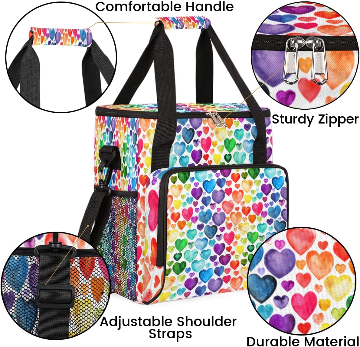 Watercolor Rainbow Hearts Pattern Coffee Maker Carring Bag Travel Storage Tote Bag Compatible with Keurig K-Mini or K-Mini Plus Portable Single Serve Coffee Brewer Case with Pockets for K-cup Pods