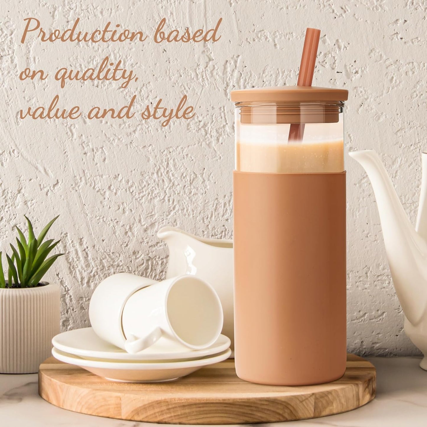 Tronco 20 oz Glass Tumbler With Lids and Straws, Reusable Smoothie Cups With Silicone Lid, Iced Coffee Cup With Silicone Protective Sleeve, Dishwasher Safe- BPA Free(Blackish Green 1 Count)