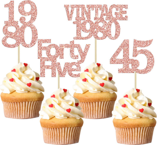 Gyufise 24Pcs 45th Birthday Cupcake Toppers Glitter Cheers to 45 Fabulous Forty Five Vintage 1980 Cupcake Picks 45th Birthday Wedding Anniversary Party Cake Decorations Supplies Rose Gold