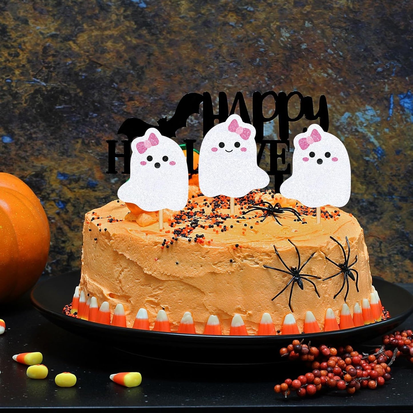 Whaline 48Pcs Halloween Cupcake Toppers Pink Bow Ghost Cupcake Picks Cute Ghost Cake Decorations for Halloween Birthday Party Supplies