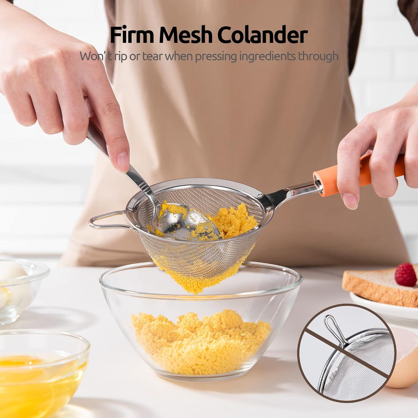 18/8 Stainless Steel Mesh Strainer: U-Taste 3.9 Inch Kitchen Fine Mesh Sieve Food Colander with Riveted Sturdy Silicone Handle and 30 Mesh Hole for Straining Flour, Quinoa, Tea, Juice (Orange)