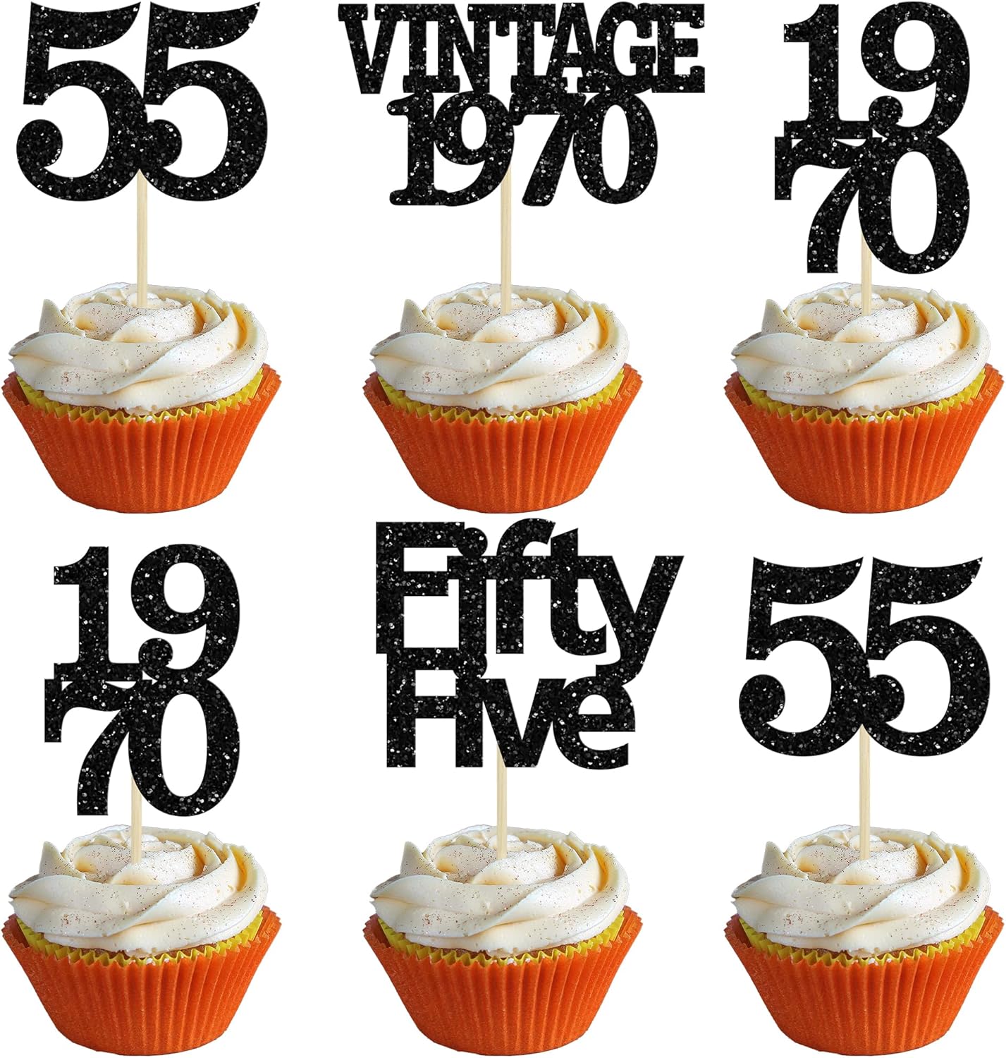 Gyufise 24Pcs Vintage 1970 Cupcake Toppers Glitter Cheers to 55 Fabulous Fifty Five Cupcake Picks 55th Birthday Wedding Anniversary Party Cake Decorations Supplies Black