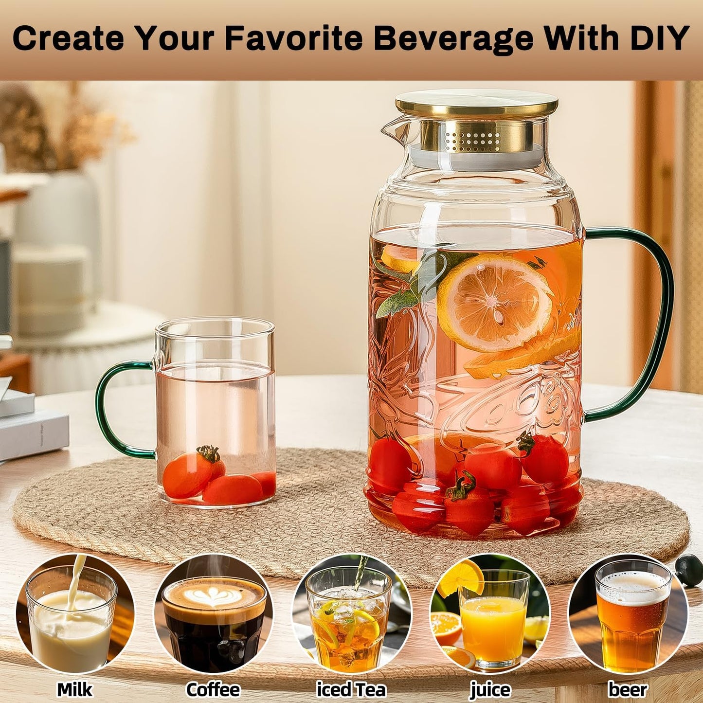 Glass Pitcher with Lid and Handle, 2 PACK 68 oz/2 Liter Vintage Butterfly Design Fridge Water Pitcher, Borosilicate Glass Water Carafe for Hot/Cold Water,Coffee,Iced Sun Tea,Heat Resistant