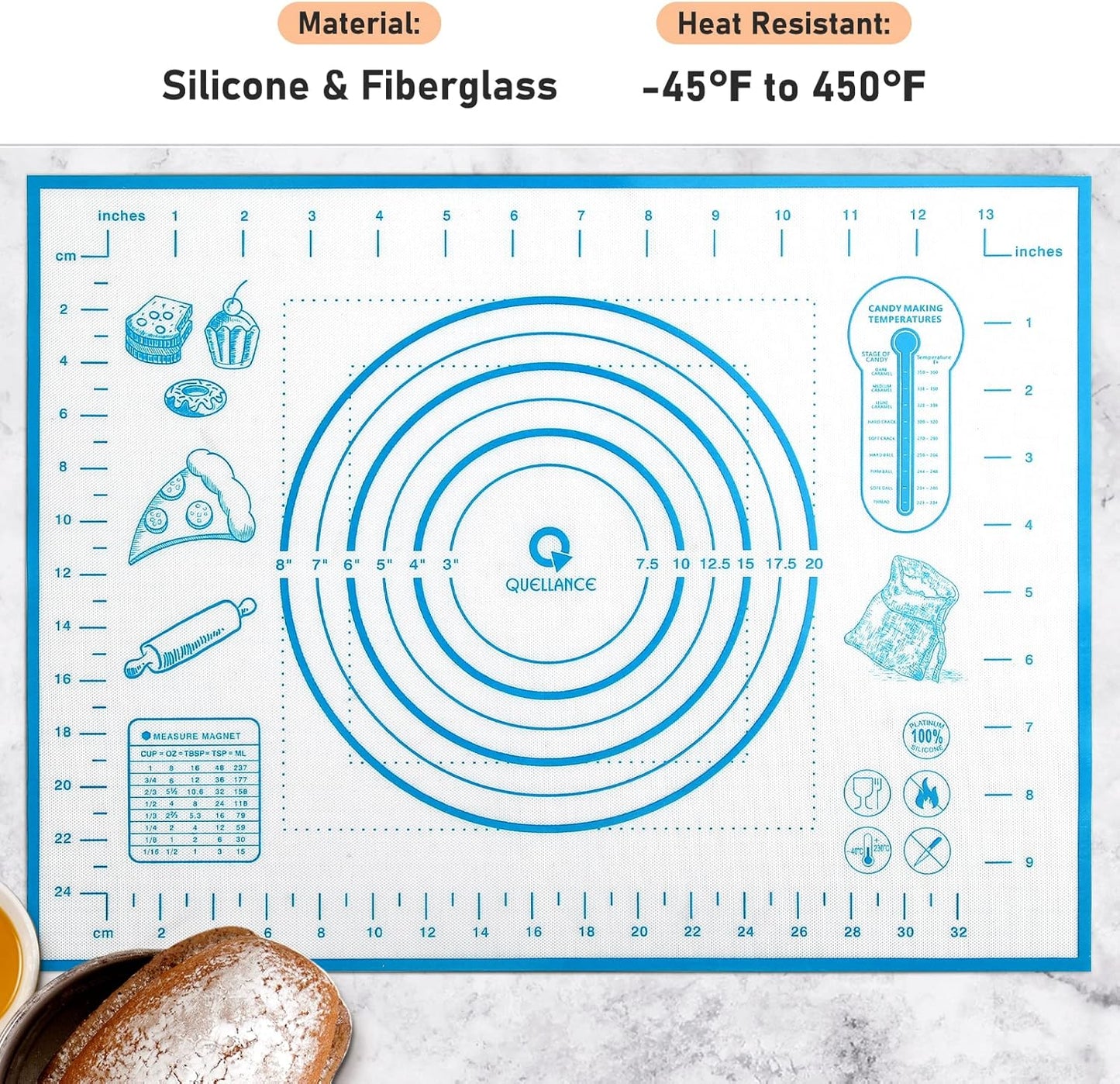 Silicone Pastry Mat with Measurement, Kids Rolling Mat for Fondant, Rolling Dough, Pie Crust, Pizza and Cookies, Baking Mat,12" x 16", Blue