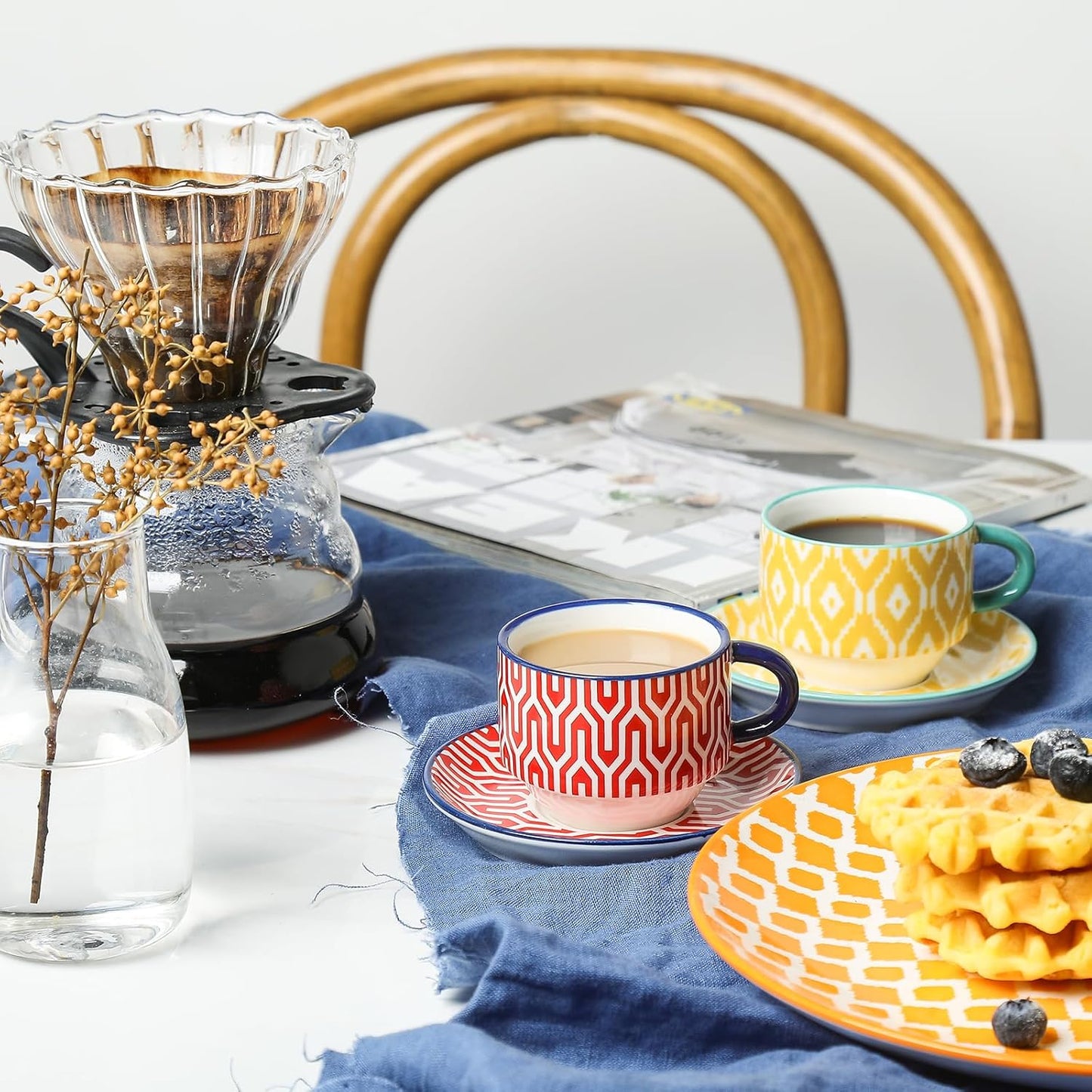 Selamica Ceramic Espresso Cups with Saucers, 2.5 OZ Stackable Demitasse Cups with Metal Stand, Mini Espresso Mugs for Latte Coffee Café Mocha Tea, Set of 6, Assorted Colors