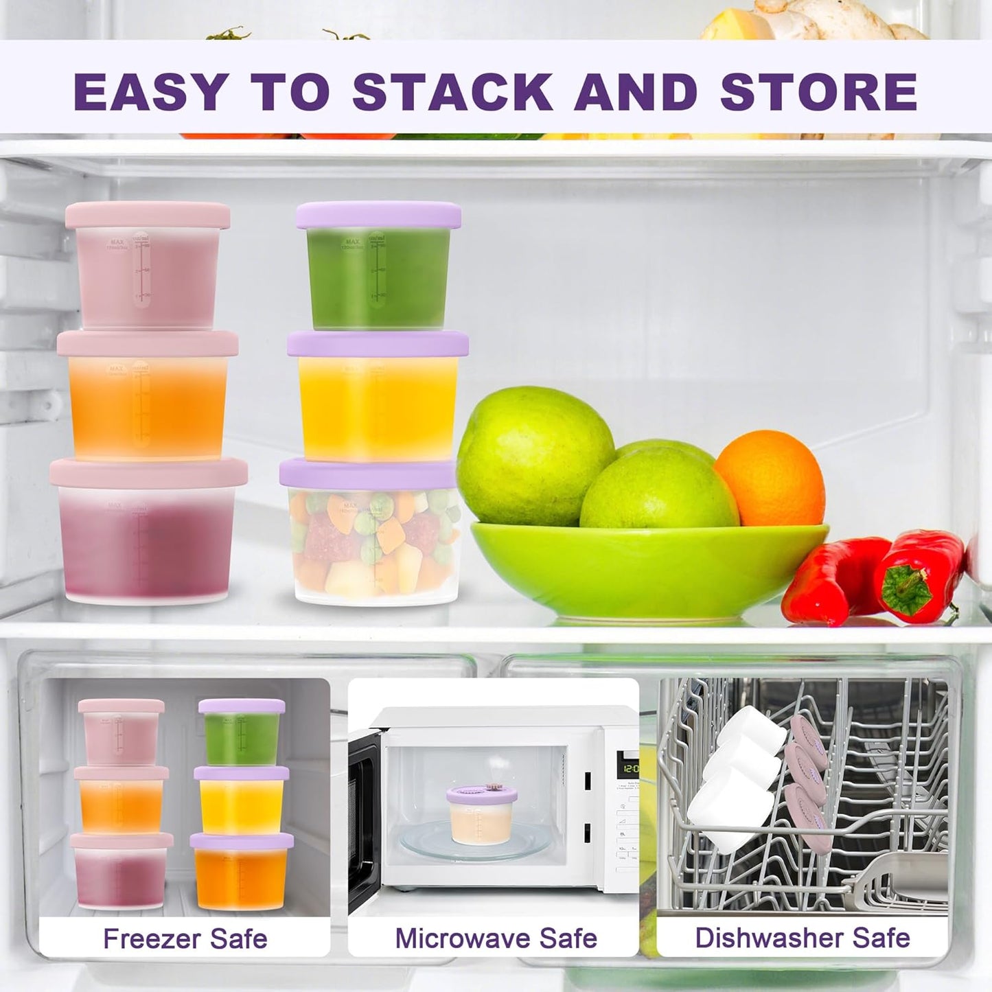 Silicone Baby Food Containers with Date-Tracking Lids, 6-Pack Reusable Snack Containers Food Storage Jars for Infants, Microwave, Dishwasher & Freezer Safe, 3 Sizes