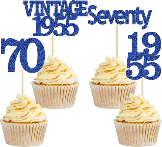 Gyufise 24Pcs Vintage 1955 Cupcake Toppers Glitter Cheers to 70 Fabulous Seventy Cupcake Picks 70th Birthday Wedding Anniversary Party Cake Decorations Supplies Deep Blue