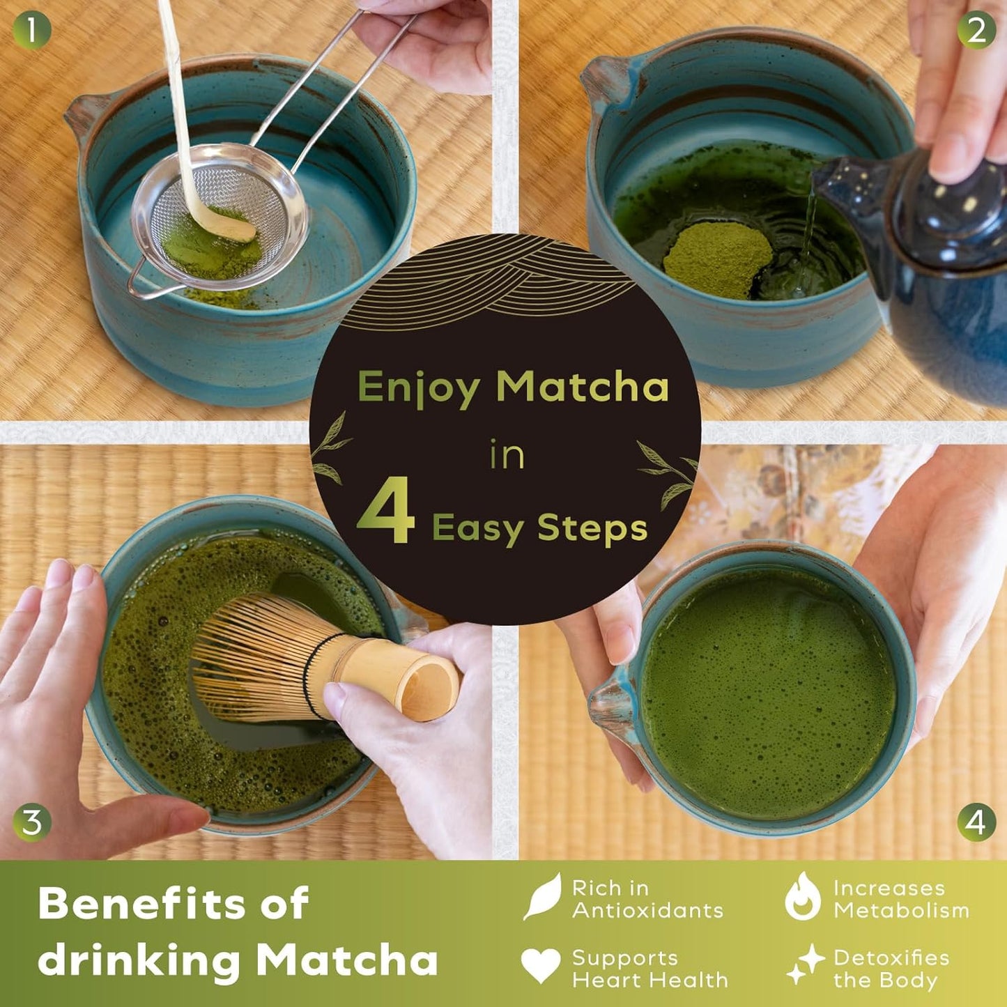 Japanese Matcha Set | Matcha Bowl with Spout | Whisk & Holder | Bamboo Scoop & Stainless Sifter | 5-Piece Traditional Matcha Kit | Designed in Japan |ăRustic Teală