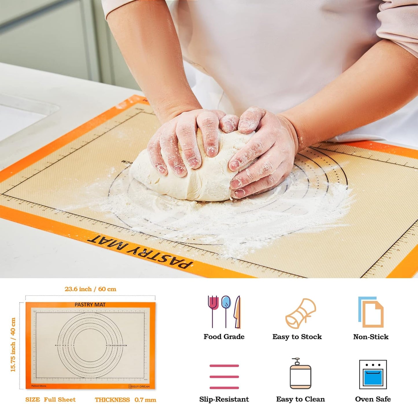 GUY DREAM All-in-One Silicone Baking Mat Set - Kneading Mat, Cookie & Macaron Half Sheet Mat, 1/4 Sheet Mat, Square & Round Cake Mats, Artisan Bread Mat - Ideal Gift for Baking