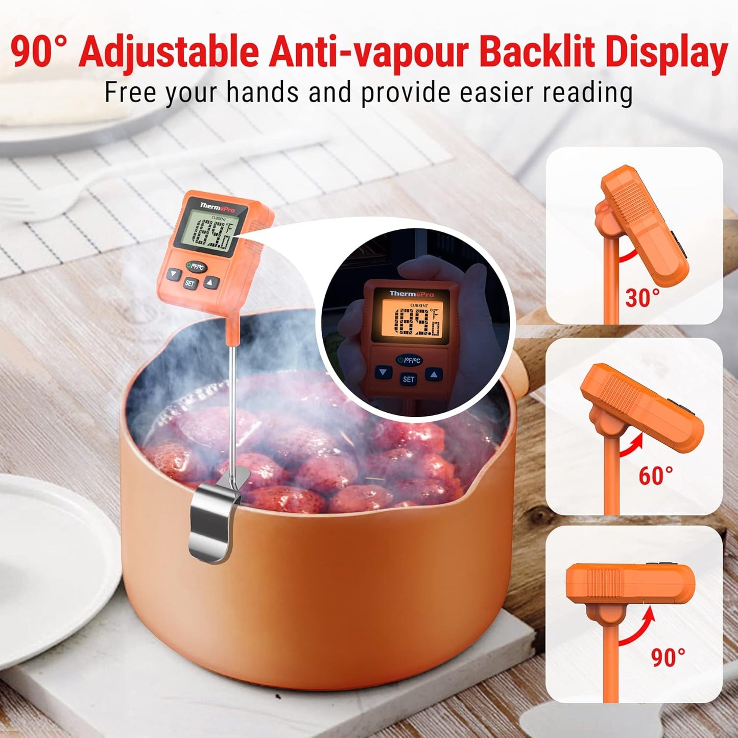 ThermoPro TP511 Digital Candy Thermometer with Pot Clip, Programmable Instant Read Food Meat Thermometer with 10'' Long Probe for Smoker Baking Grilling Candle Liquid Oil Deep Fry Thermometer