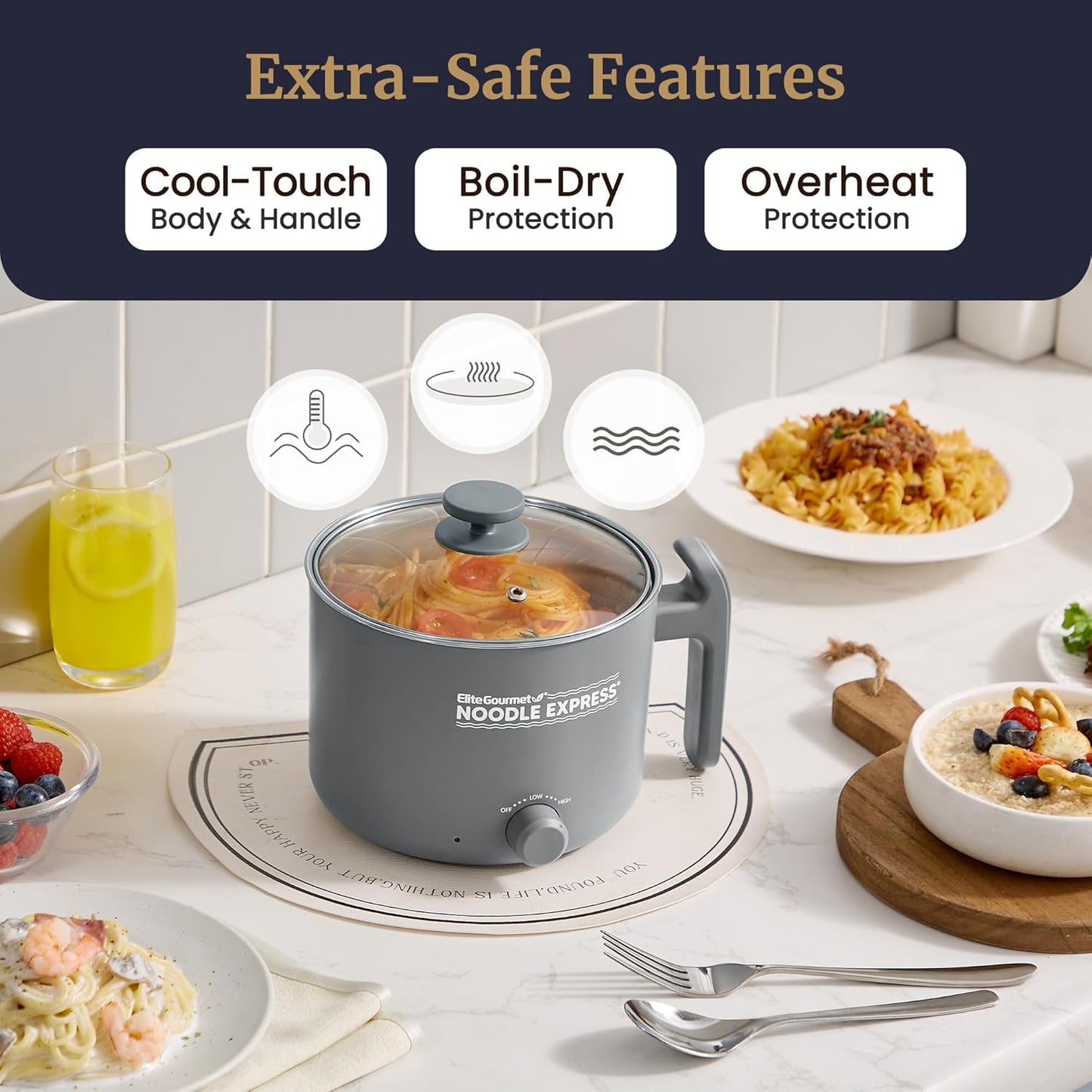 Elite Gourmet NOODLE EXPRESS™ Hot Pot, Prepare Ramen, Rice, Soups, Stews, Boil Water, Stainless-Steel Interior, Glass Lid, High/Low/Off Settings, Grey