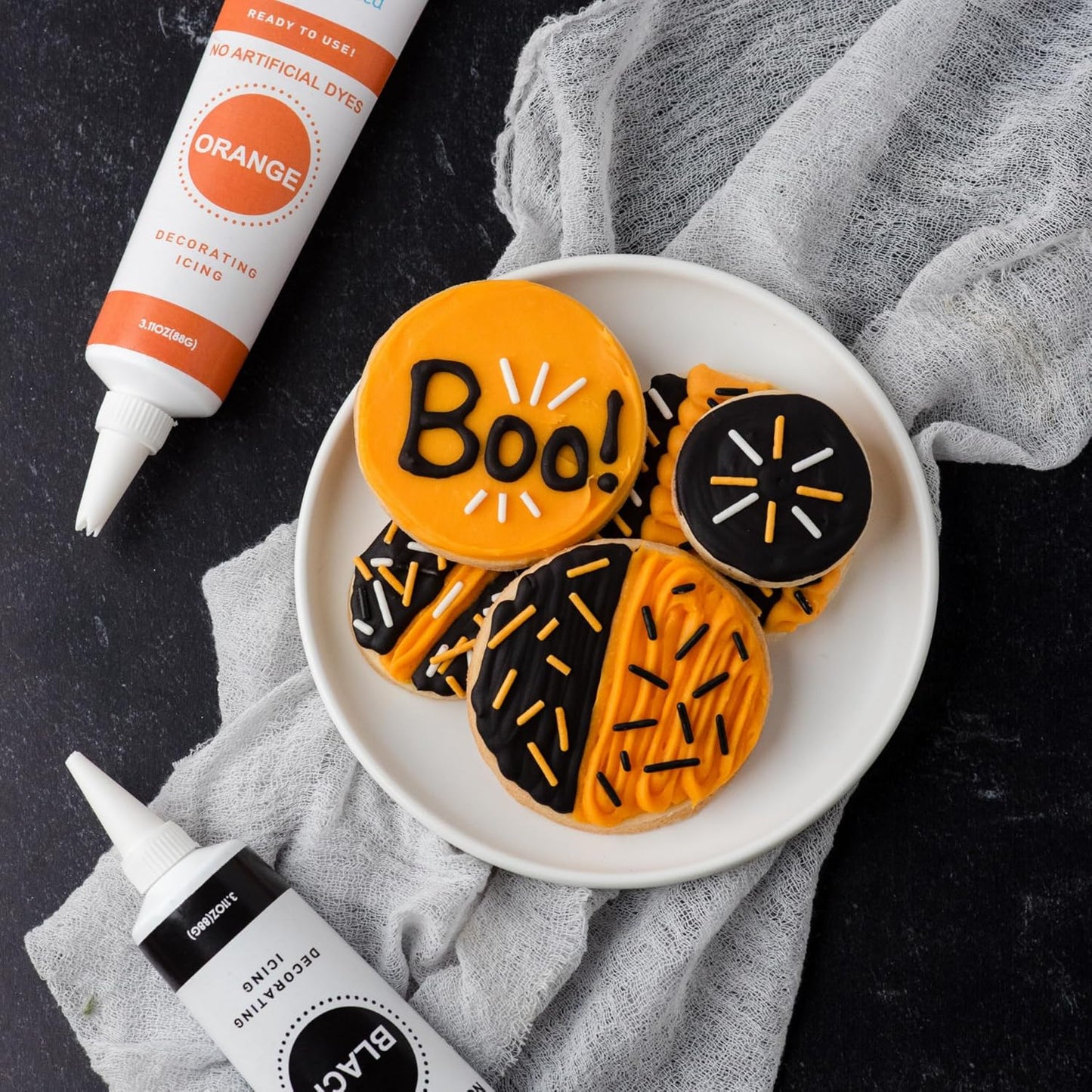 Sweets Indeed Dye-Free Halloween Frosting & Sprinkles Set – 8.22 oz | 2 Frosting Tubes (Orange & Black) + 2 Decorating Tips + 2 oz Sprinkle Mix (Black, Orange & White) | No Artificial Dyes Cupcake & Cookie Decorating Kit