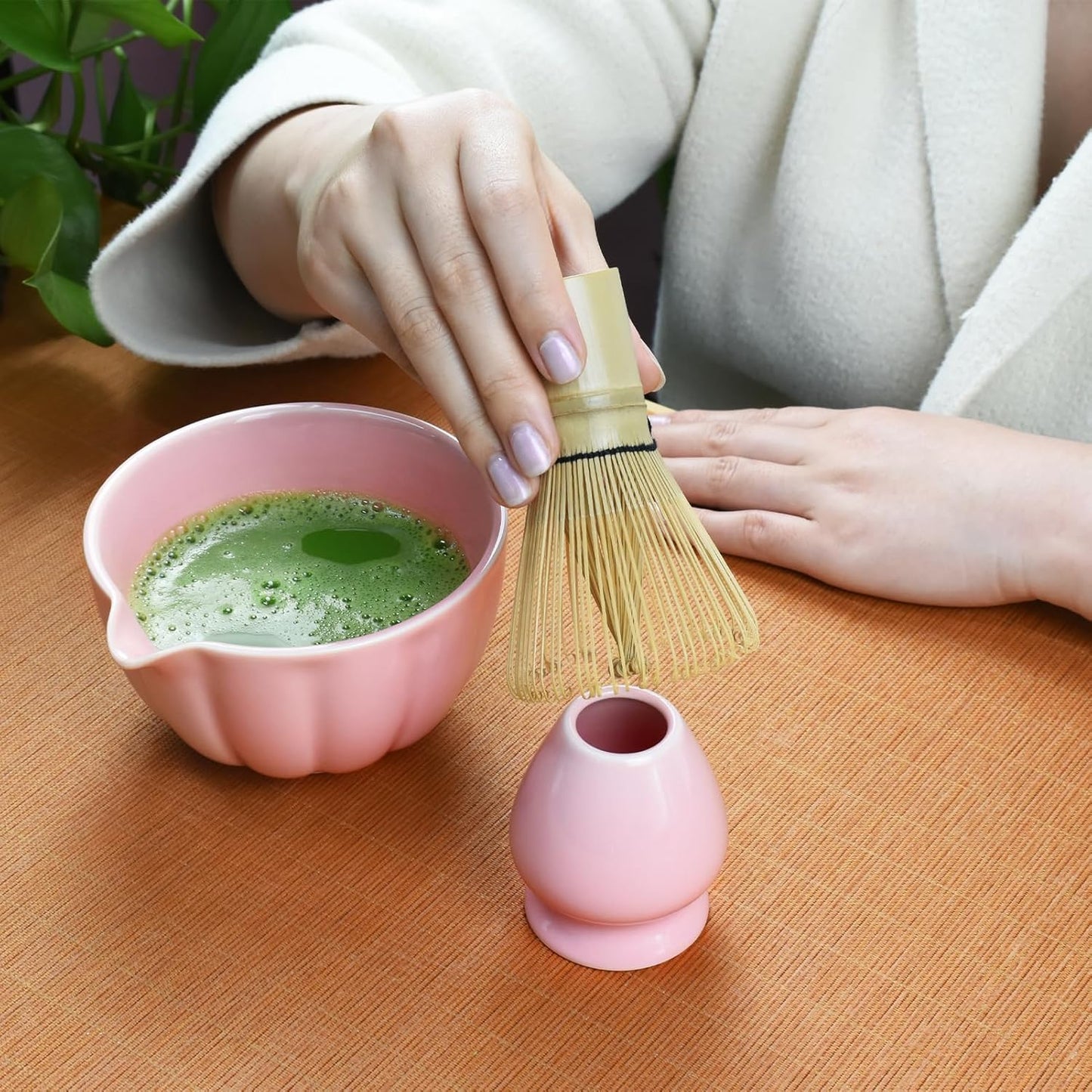 Artcome 7 Pcs Japanese Matcha Tea Set - Matcha Bowl with Pouring Spout, Matcha Whisk, Tea Scoop, Whisk Holder, Handmade Matcha Ceremony Kit For Japanese Tea Ceremony, Rose