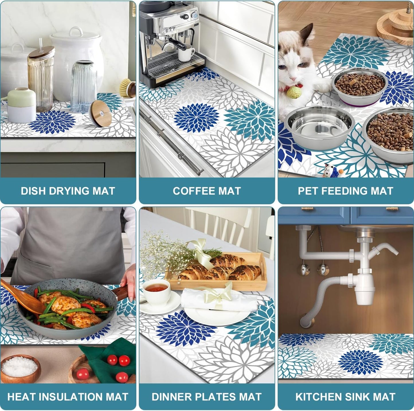 Findosom 2PCS 17" x 32" Dish Drying Mat & 24" x 5.5" Sink Splash Guard, Super Absorbent & Cuttable Dish Mat Drying Kitchen Mat with Blue Floral, Hide Stain Drying Mat for Kitchen Counter