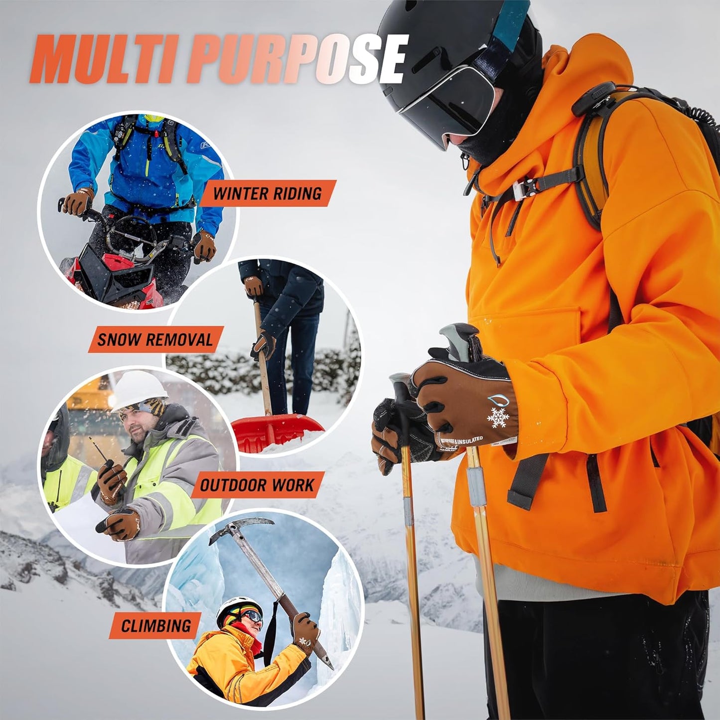 HANDLANDY Winter Insulated Work Gloves, 3M Thinsulate Thermal Water-Resistant Glove for Men Women Touch Screen, Warm Ski Snowboard Cold Weather Gloves (Brown, Medium)