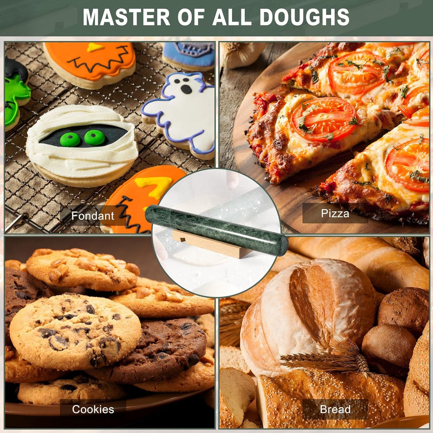 Marble French Rolling Pin for Baking, 12 Inch Non Stick Polished Rolling Pin for Dough, Heavy Dough Roller for Fondant Pizza Pie Crust Cookie Pastry Bread, Kitchen Baking (Indian Green)