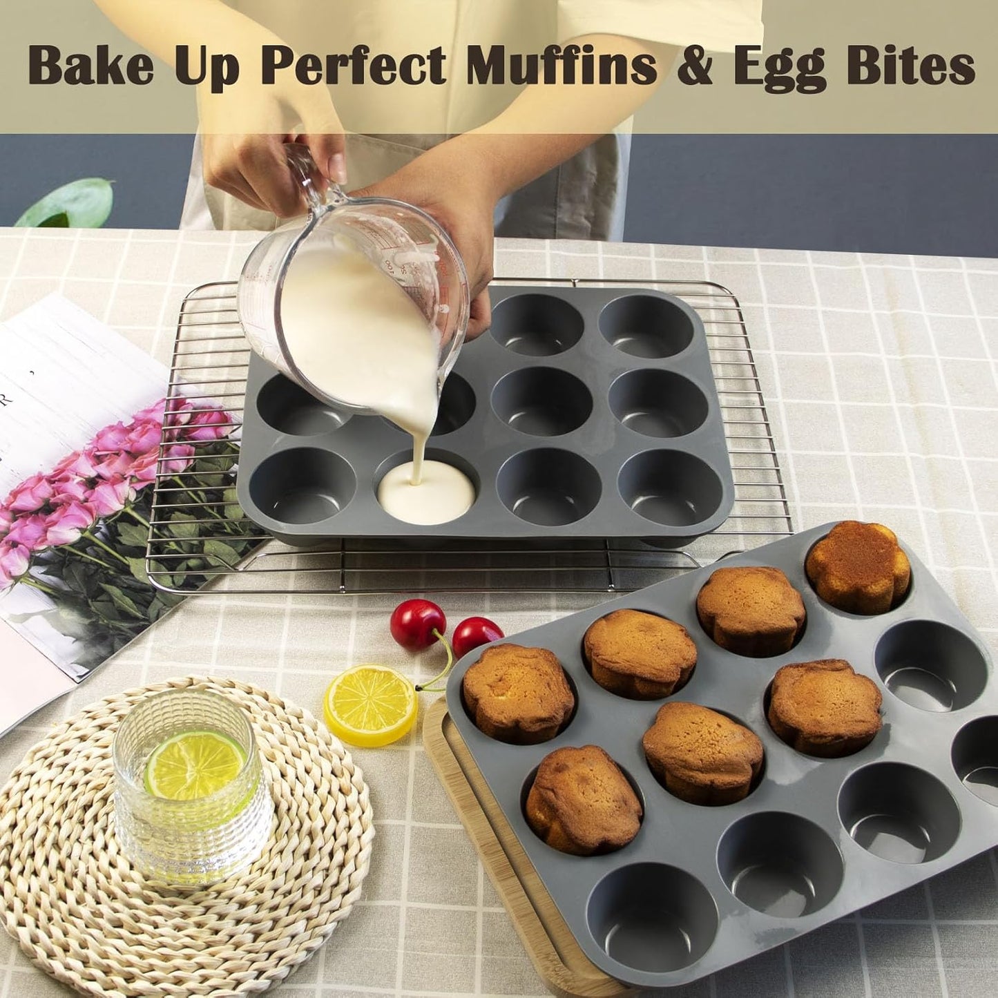 12 Cups Silicone Mini Muffin Pan Set, Nonstick Mini Cupcake Pans, BPA Free Small Muffin Tin for Baking, Set of 2 (Gray+Gray)