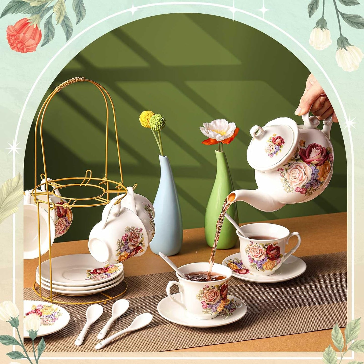 Zhehao 20 Pcs Porcelain Tea Set with Metal Holder and Spoon Adult Ceramic Tea Party Set European Flower Painting Teapot Cup Saucer Spoon for Women, Large Version (Styleish Style)