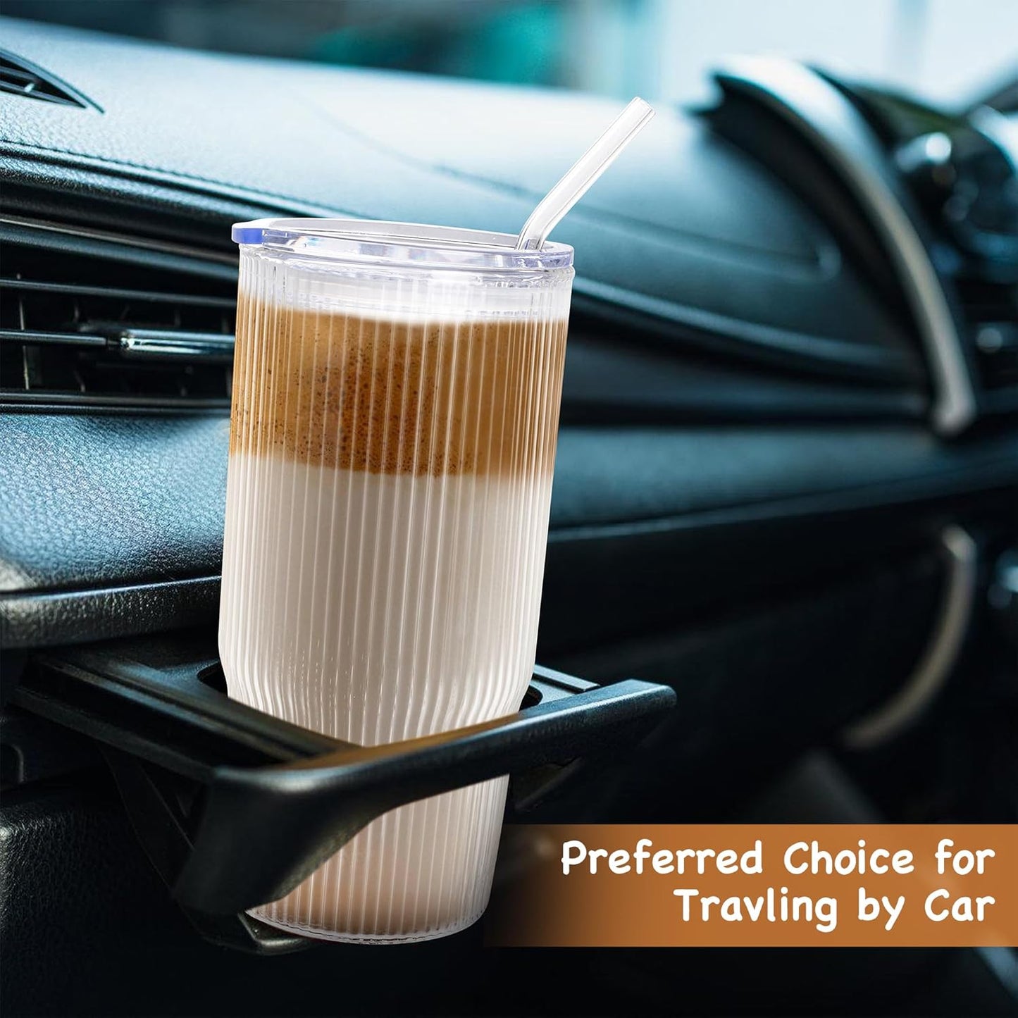 24oz Glass Tumblers with Lids and Straws 2PCS Ribbed Ice Coffee Glass Cups, Clear Thick Wall Water Iced Coffee Tumbler with Straw and Lid for Cold Beverages