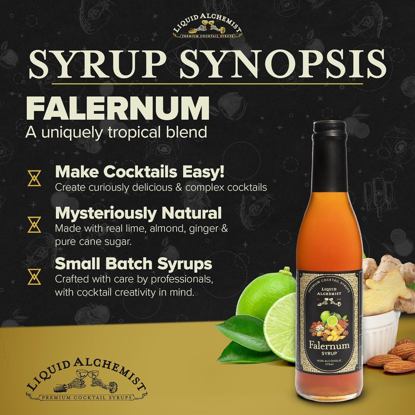 Liquid Alchemist Falernum Syrup for Cocktails - Real Ingredients Make our Falernum Cocktail Syrup a Great Mixer for any Tiki Drink - Our Drink Mixer is Non-GMO Gluten Free & Vegan (12.7 oz)