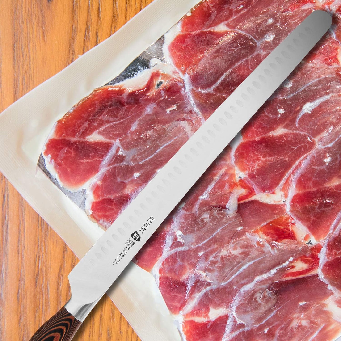 TUO Slicing Knife 14 inch - Long Carving Knives Professional Granton Slicer Hollow Ground Carver for Meat & Vegetable - German HC Steel & Ergonomic Pakkawood Handle - Gift Box Included - Fiery Series