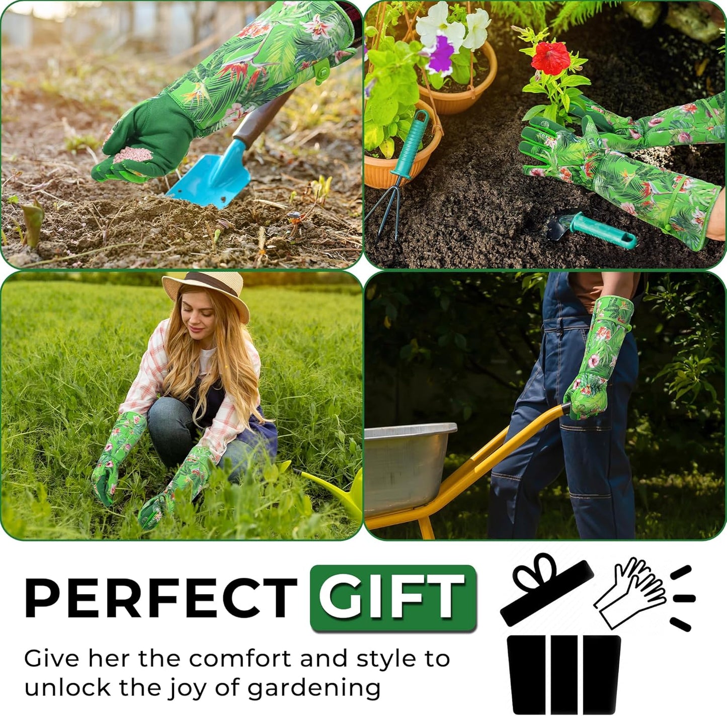 HANDLANDY Women Gardening Gloves, Scratch Resistant Breathable Ladies Rose Pruning Long Gauntlet Floral Print Garden Yard Gloves, Gift for Gardeners (Green, M)