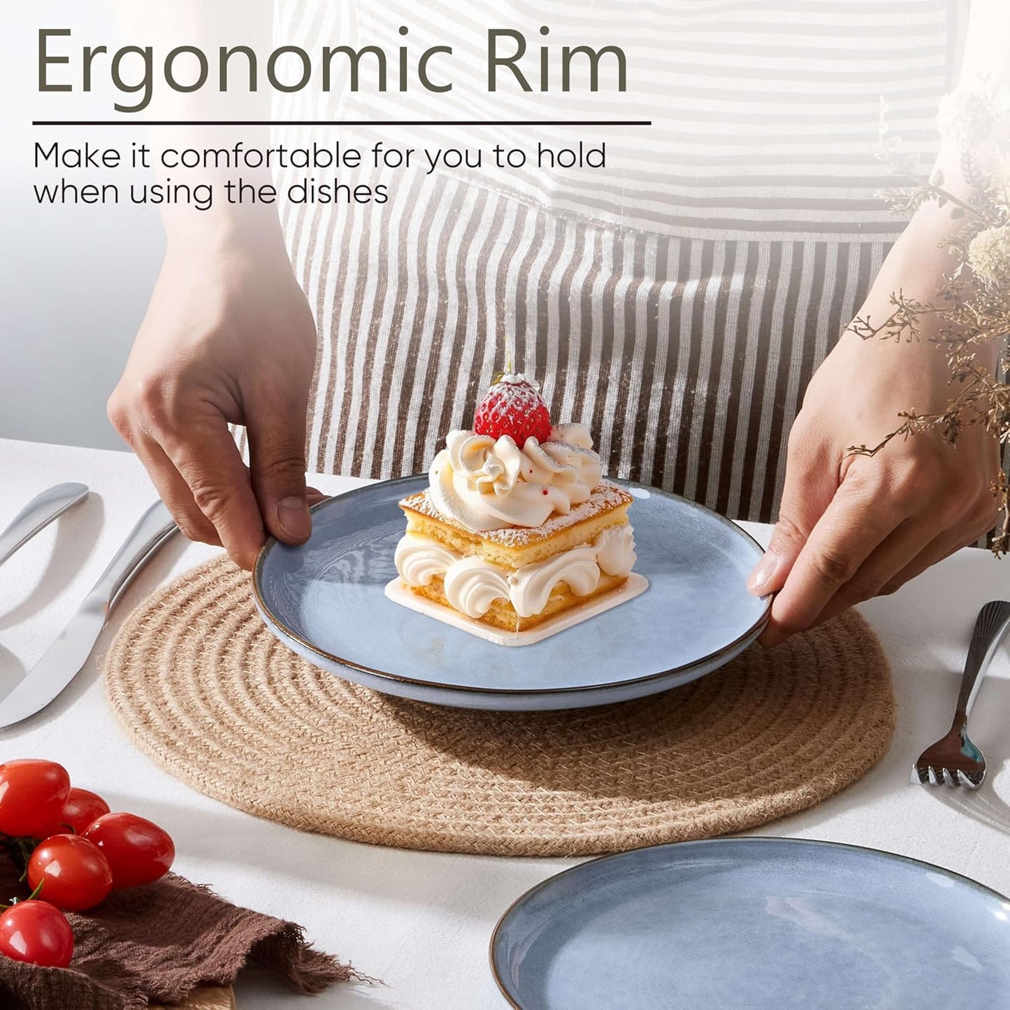 Herogo 6-Piece Stoneware Dinner Plates Set, 7.9" Ceramic Round Dessert Plate Set, Small Handmade Double Reactive Glaze Dinnerware Plates for Kitchen, Microwave, Oven and Dishwasher Safe, Haze Blue