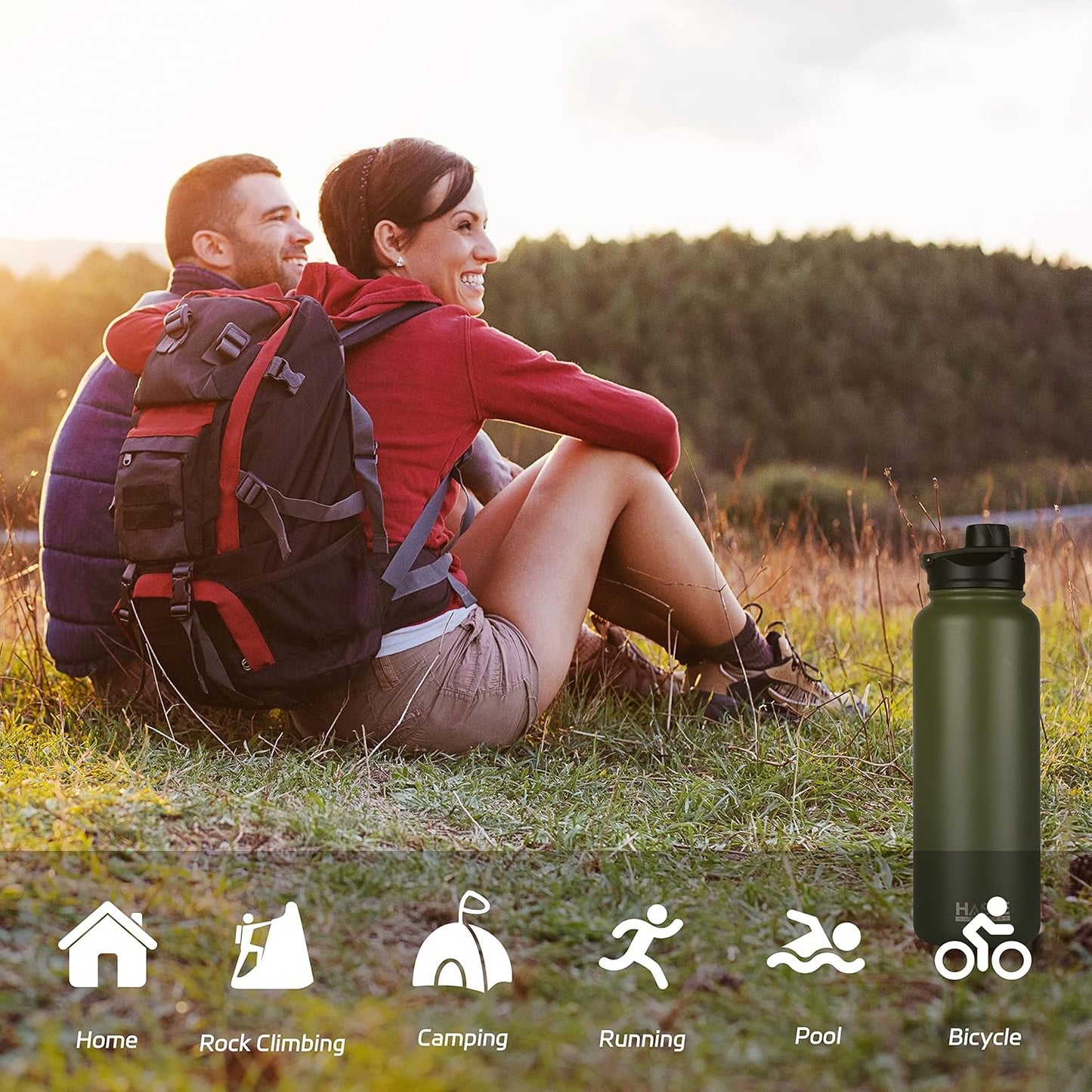 HASLE OUTFITTERS 40oz Stainless Steel Water Bottle, Vacuum Insulated Double Walled Leak Proof Sports Water Bottle with 2 Lids (Straw and Spout Lid) Thermo Mug Keep Cold and Hot(Army Green,4)