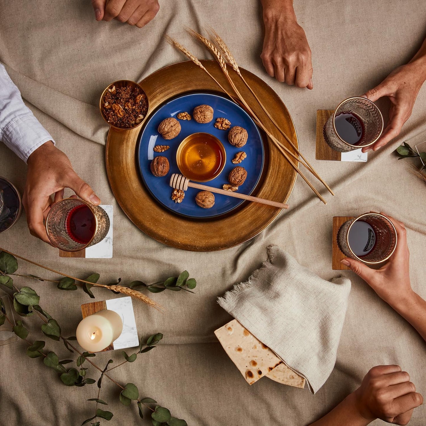 Marble Coasters: 4-Piece Set of Acacia Wood Marble Coasters, Suitable for Kitchens, Offices, and can be Used as Gifts