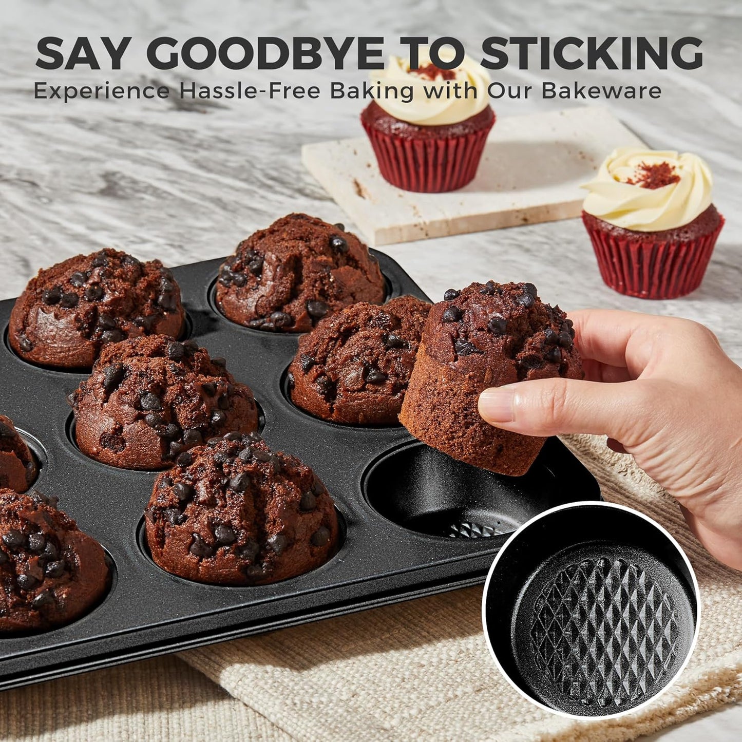 HONGBAKE 9-Piece Baking Pans Set Nonstick, Stackable Non Toxic Bakeware Sets with Diamond Texture, Oven Pan Set for Cooking, Includes Cookie Sheet with Rack, Cake Pan, Roasting Pan, Muffin Tin, Gray