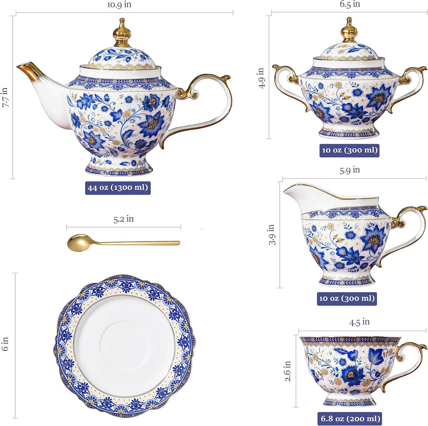 ACMLIFE Bone China Tea Set for 6, Blue and White Tea Set for Adults 24K Gold, Vintage Floral British English Cups and Saucers for Women Party or Gift Giving (Blue)