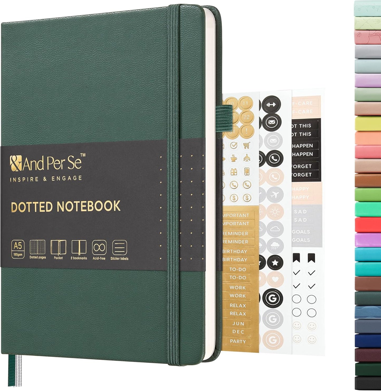 &And Per Se Dotted Journal Notebook, A5 Hardcover Leather Bullet Dotted Journal, 160 Pages 100 gsm Thick Dotted Paper,3 Sheets of Stickers Included - 5.7'' x 8''(Green)