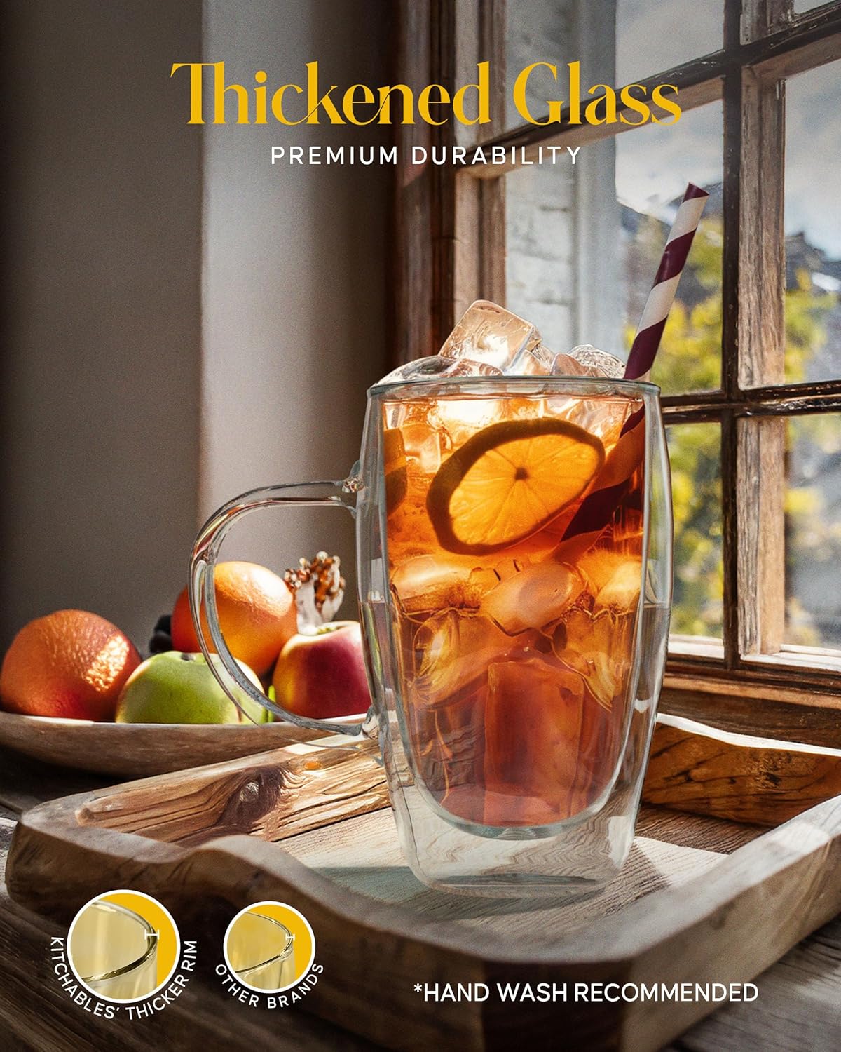 Kitchables Double Walled Glass Coffee Mugs Set of 2, 15oz - Insulated Glass Coffee Mugs for Cappuccino, Latte, Tea, Espresso - Latte Cup - Tazas Para Cafe