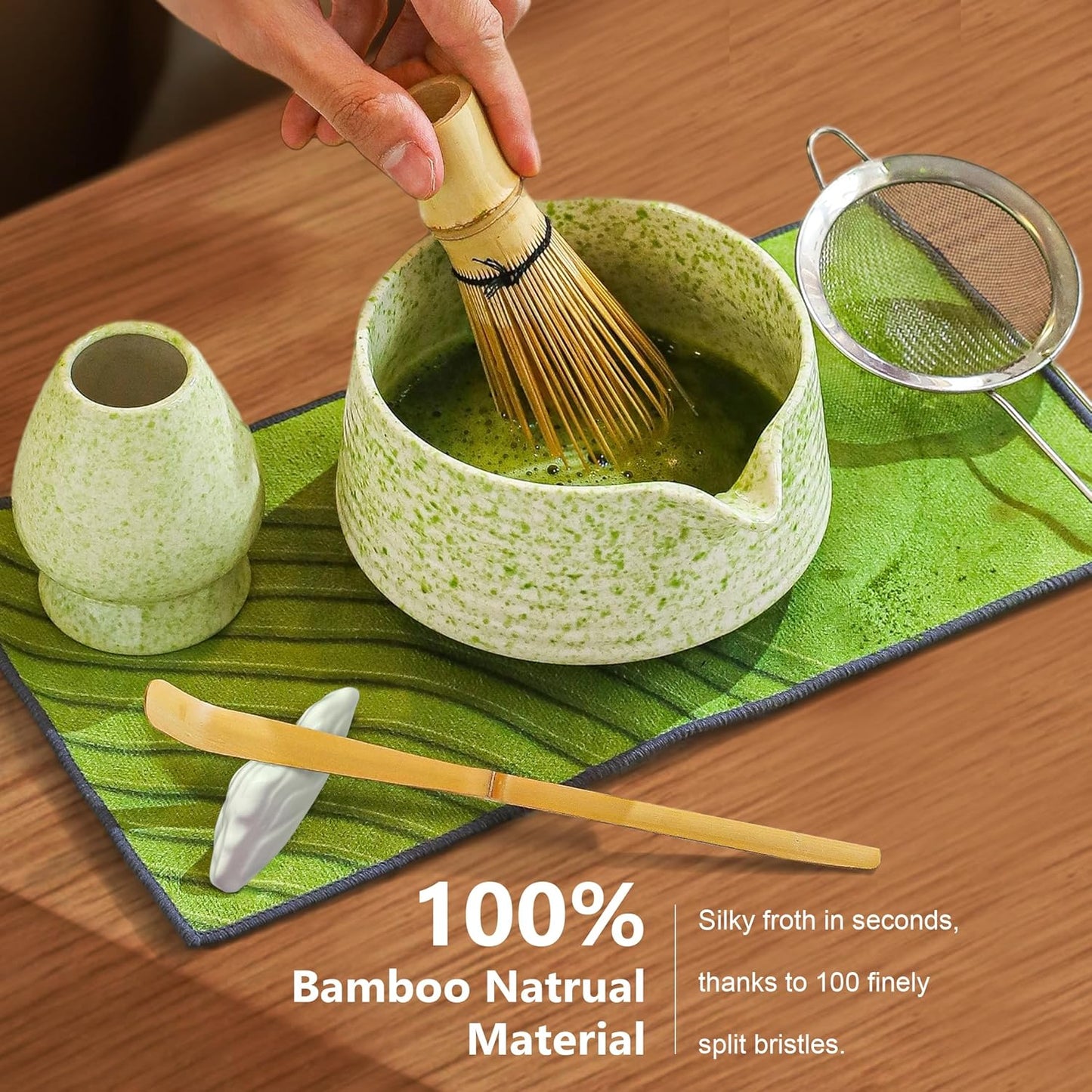 BEWOS 8 Pcs Matcha Whisk Set - 18OZ Ceramic Bowl with Spout, Matcha Sifter, Matcha Whisk Holder & Bamboo Matcha Whisk | Matcha Scoop, Complete Japanese Tea Ceremony Kit for Matcha Lover(Mottled Green)