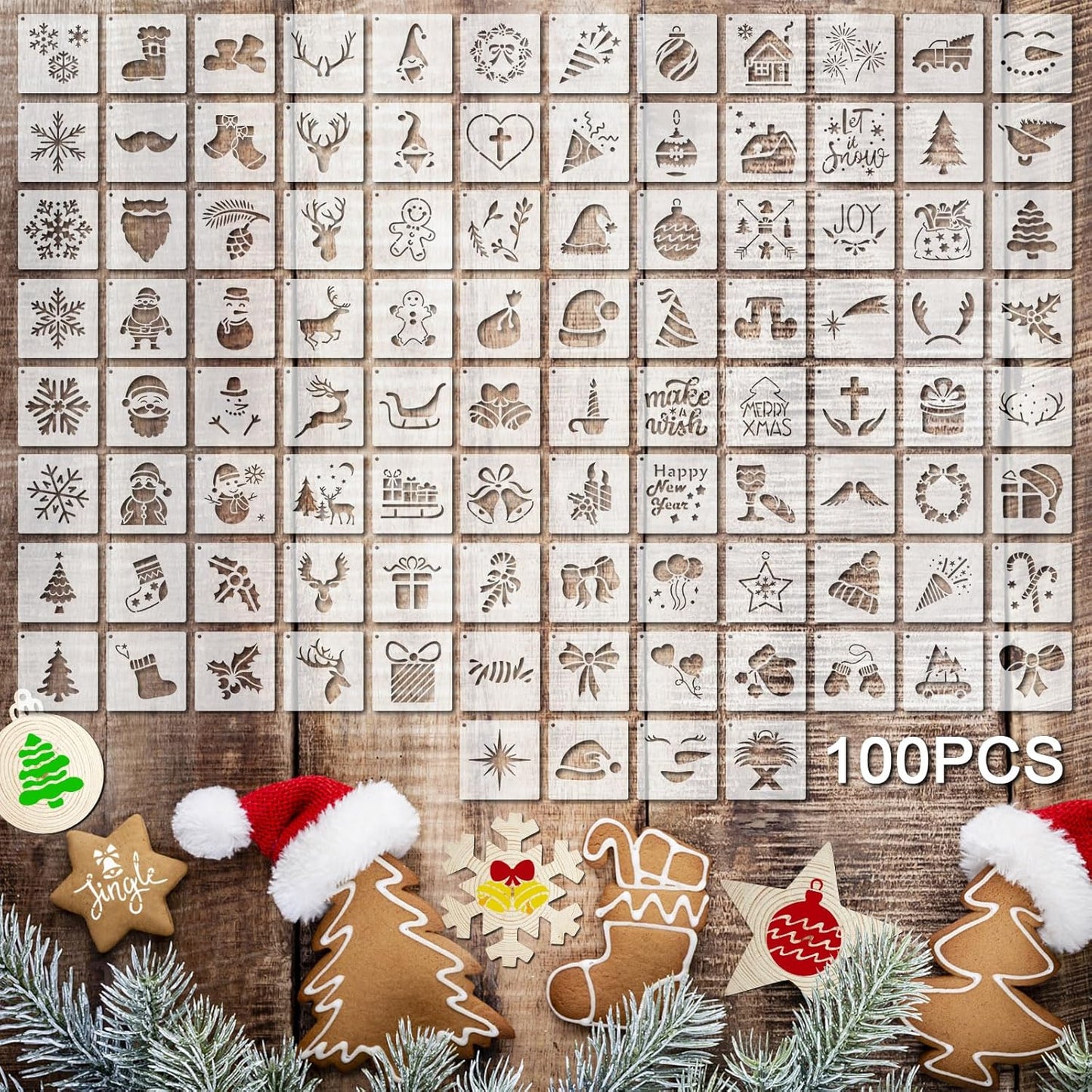 100 Pcs Stencils for Painting on Wood Reusable Stencil Crafts Drawing Templates Holiday Wall Paper for DIY Scrapbook Home 2 x 2 Inch(Santa Style)