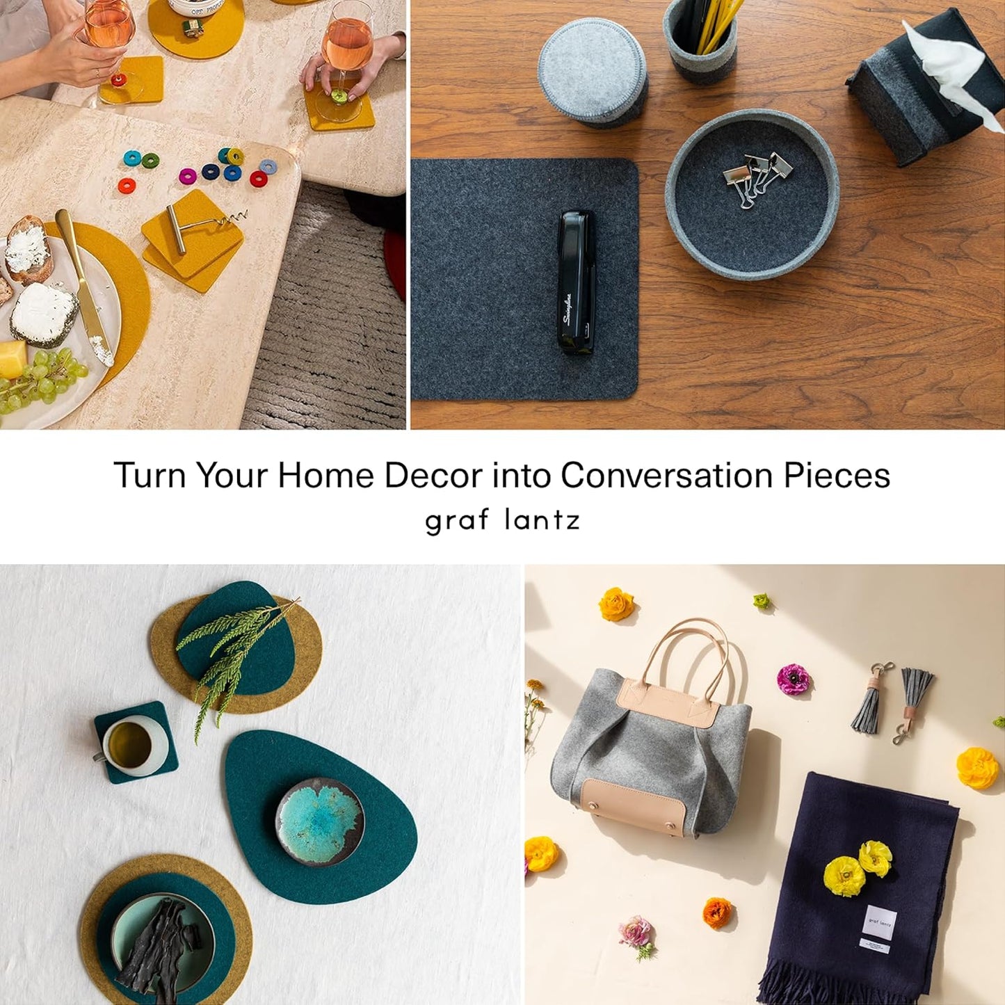 Graf Lantz - Bierfilzl Merino Wool Square Coasters Set of 4 - Greyscale (4"x4"x5mm) - Absorbs 30% Weight, Natural German Wool - Heat Resistant, Sustainable, Reusable - Home Decor, Coffee Table Decor