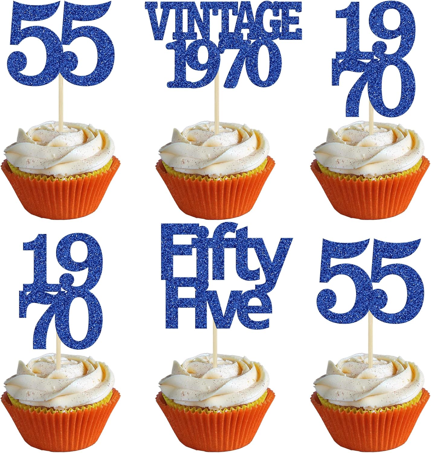 Gyufise 24Pcs Vintage 1970 Cupcake Toppers Glitter Cheers to 55 Fabulous Fifty Five Cupcake Picks 55th Birthday Wedding Anniversary Party Cake Decorations Supplies Deep Blue