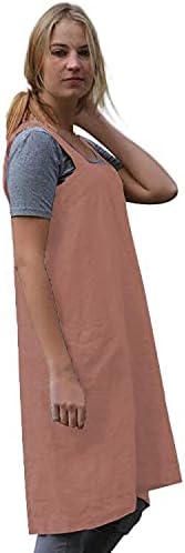 Women's Pinafore Square Apron Baking Cooking Gardening Works Cross Back Cotton/Linen Blend Dress with 2 Pockets