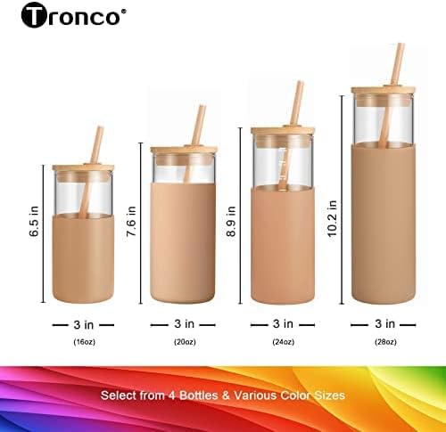 Tronco 16oz Glass Tumbler with Bamboo Lid and Straw, 2 Pack Reusable Iced Coffee & Smoothie Cups Silicone Sleeve, Dishwasher Safe, BPA-Free Glass Cup with Lid and Straw for Tea, Juice, Coffee