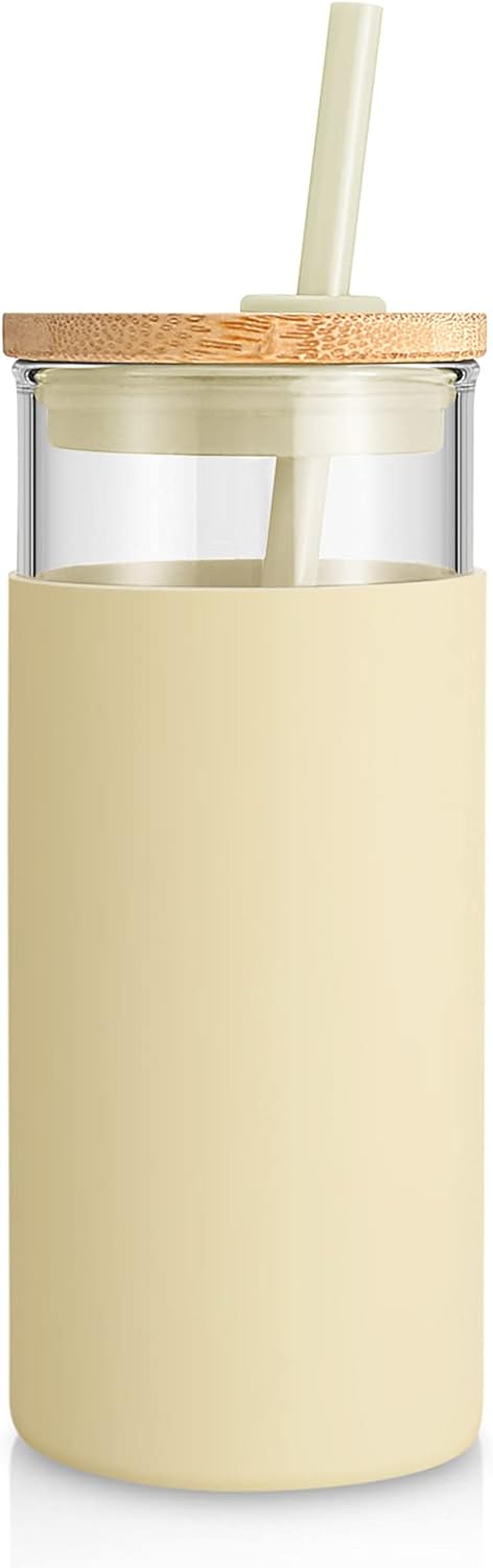 Tronco 20 oz Glass Tumbler Glass Water Bottle Straw Silicone Protective Sleeve Bamboo Lid - BPA Free (Gravel Ash)